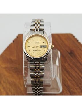 Vintage Sharp Silver tone Watch Yellow Date Dial Old Fashioned Grandpacore Retro
